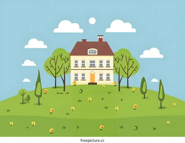 Cute Cartoon Illustration of House on Hill