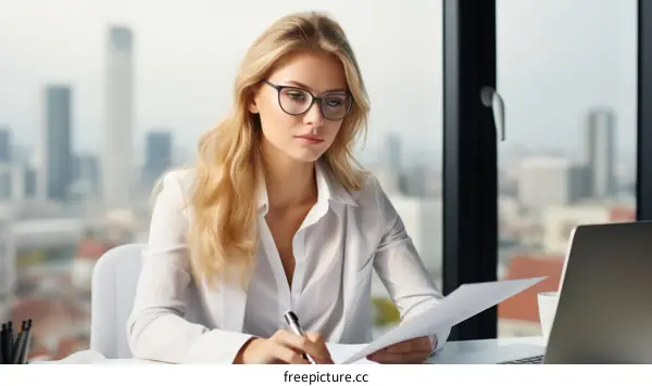 Businesswoman in glasses reviewing document