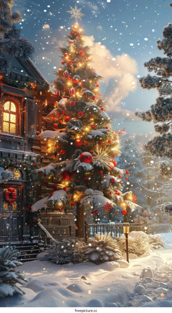 Snowy Christmas Tree in Front of a House