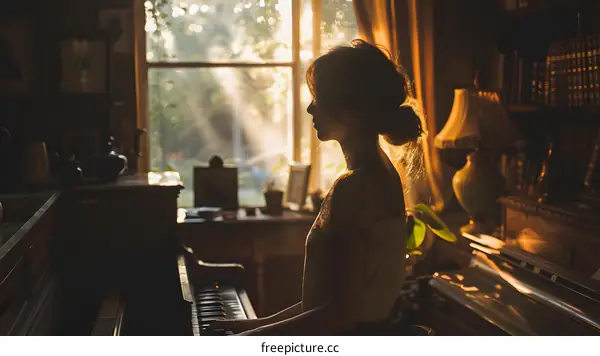 girl playing piano in the sunlight