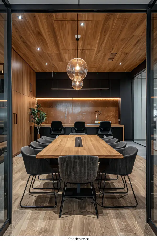 Modern office conference room with wooden table and chairs