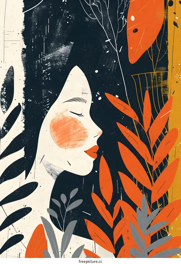 Woman in a Forest with Abstract Leaves