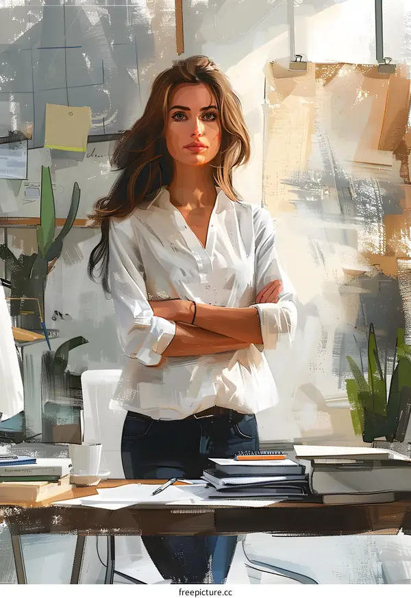 portrait of a young woman standing in front of a desk