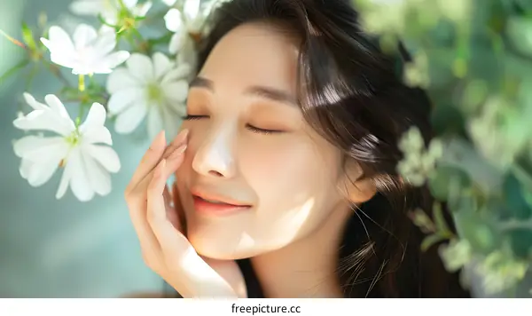 Beautiful Asian Woman With White Flowers