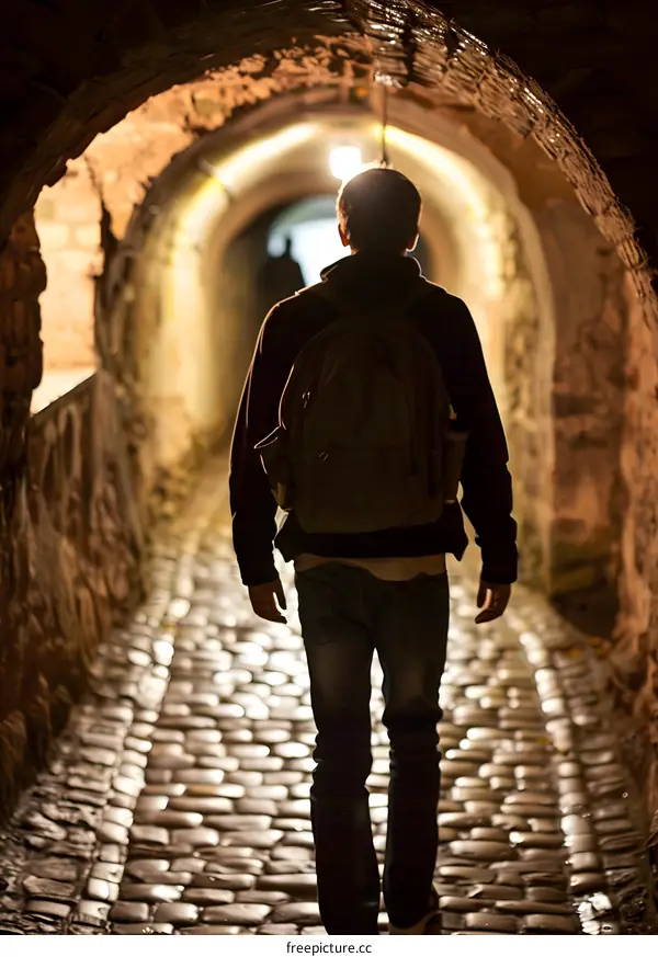Silhouette of a Man Walking Through a Stone Tunnel