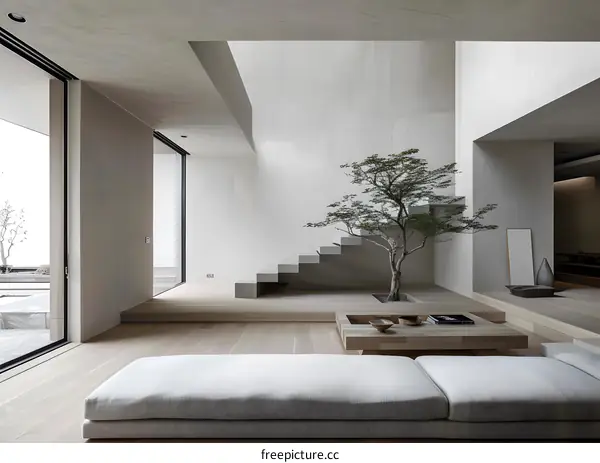 Minimalist Modern Living Room Interior Design with Wooden Floor and Stairs