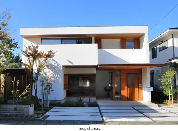 Modern White House With Wooden Accents and Large Windows