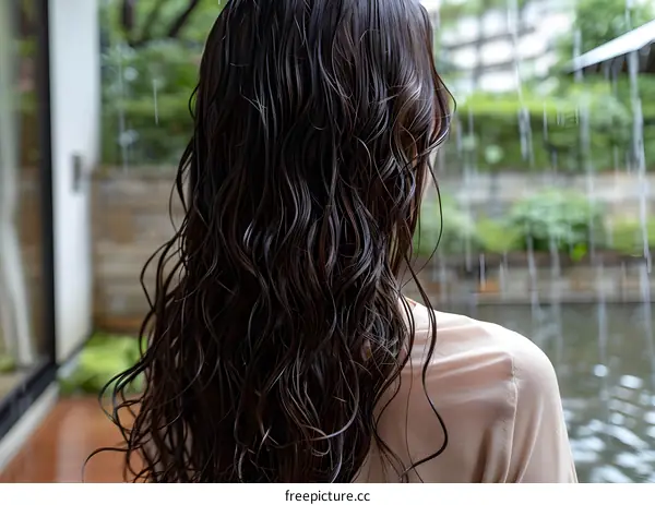 Asian woman with long wet hair