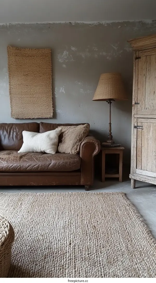 Rustic Living Room Interior with Natural Rug