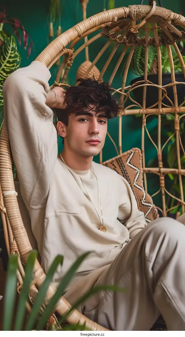 Man Sitting in a Wicker Chair in a Room with Plants