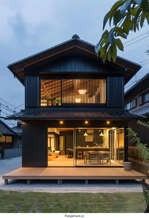 Modern Black Wooden House with Patio and Sliding Doors