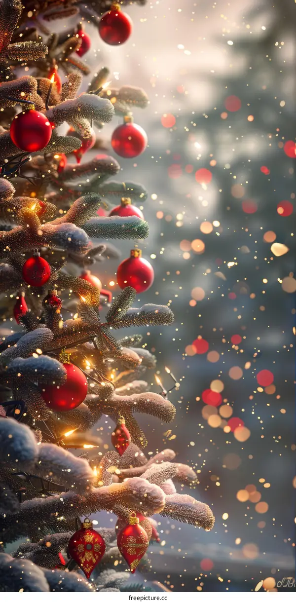 Red Christmas ornaments on a Christmas tree, glistening in the snow