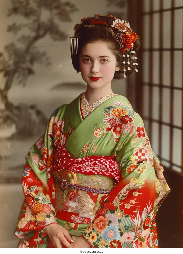 A Japanese woman wearing a kimono