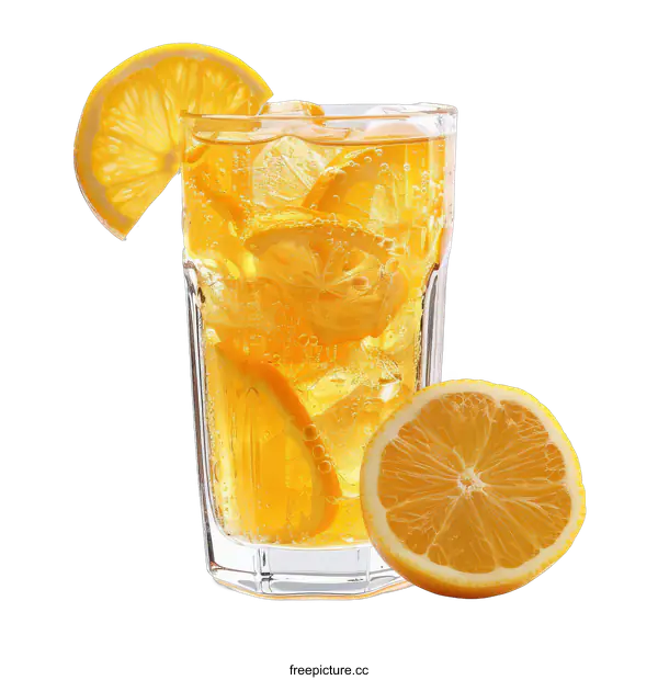 [Transparent Background PNG]Glass of refreshing lemonade with ice and lemon slices
