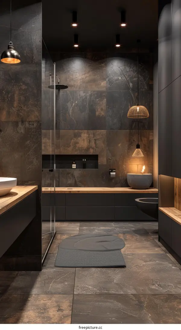 Modern Dark Bathroom with Unique Mat