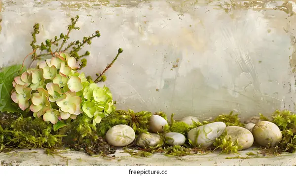 Green Hydrangea and Stones on a Textured Background
