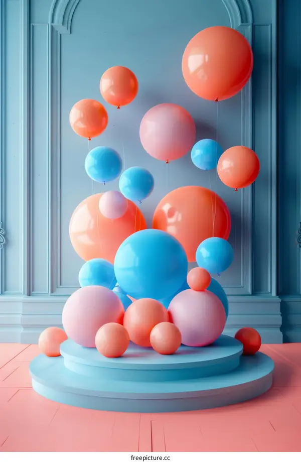 Pink and blue balloons of different sizes on a blue background