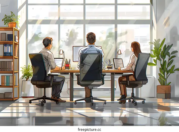 Three business people working together in an office