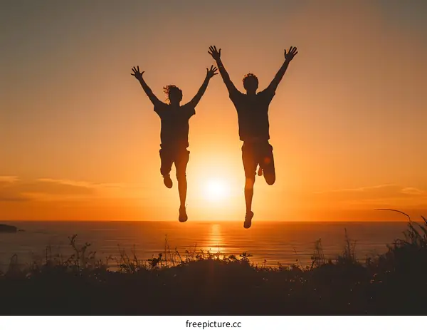Silhouettes of Two People Jumping in Front of a Sunset
