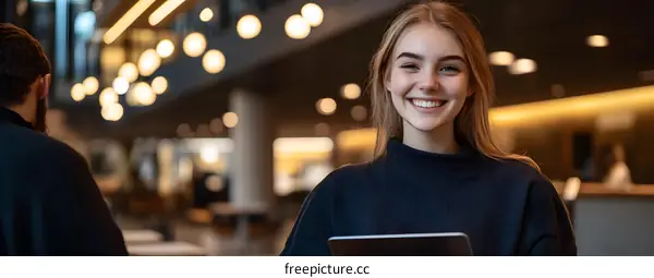 Smiling Woman with Blonde Hair Holding Tablet in Modern Office