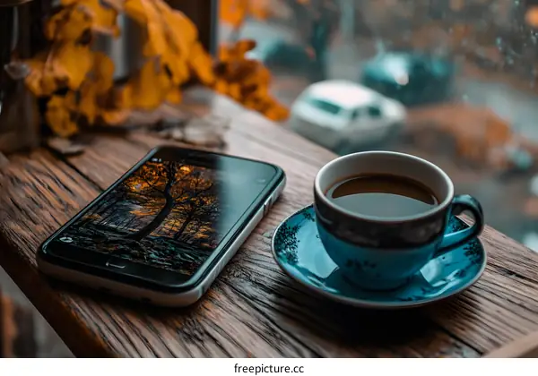 Autumn Coffee Break with Smartphone
