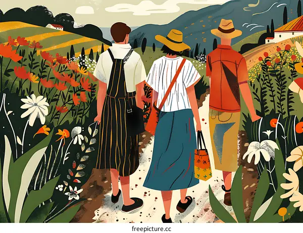 Friends Walking Through A Field of Flowers