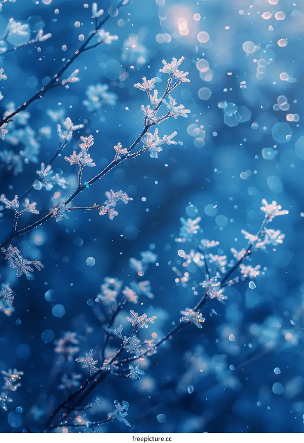 Frosted Tree Branches Against Blurred Blue Sky