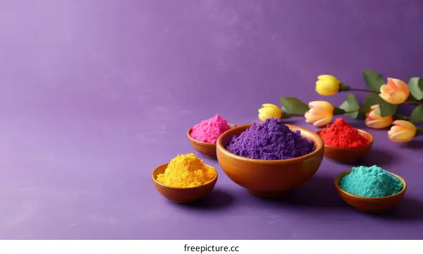 Colorful Holi Powder in Bowls on Purple Background