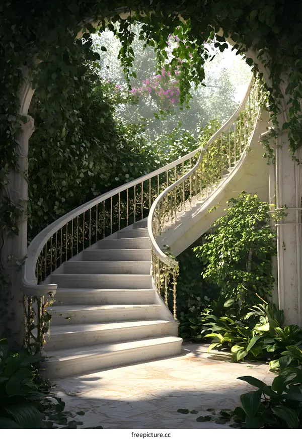 White Stone Staircase Leading to a Lush Garden