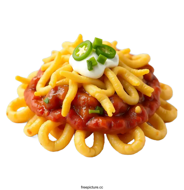 [Transparent Background PNG]Closeup of Chili Cheese Noodles with Jalapenos