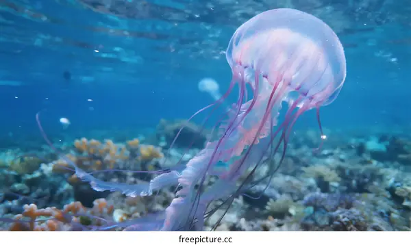 A Transparent Pink Jellyfish Swimming in Clear Ocean Water