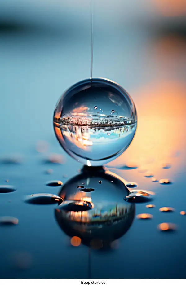 Water drop photography of cityscape at sunset