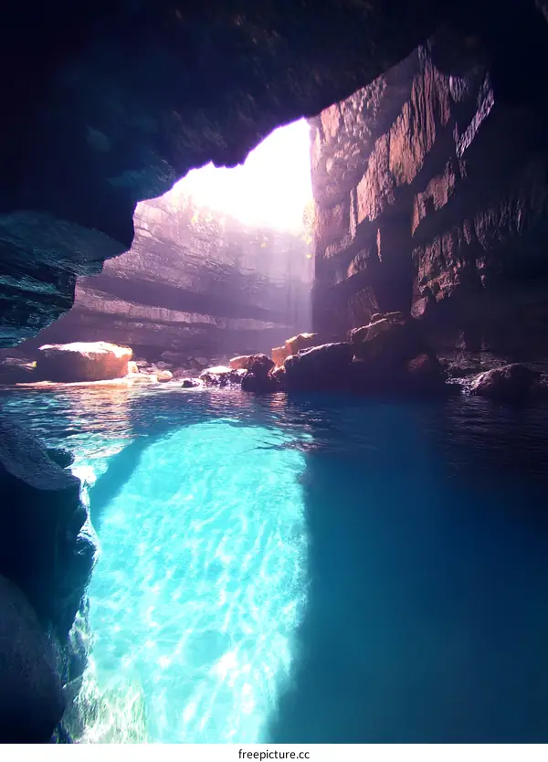 Sunlight Shining Through Cave Entrance In Ocean