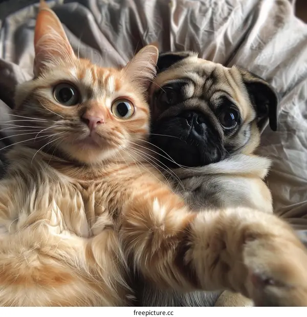 An orange cat and a pug are lying on a bed and looking at the camera