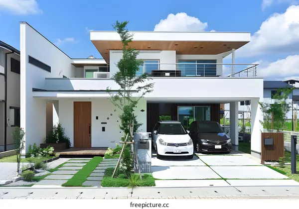 Modern Two Story House with White Walls and Wooden Accents