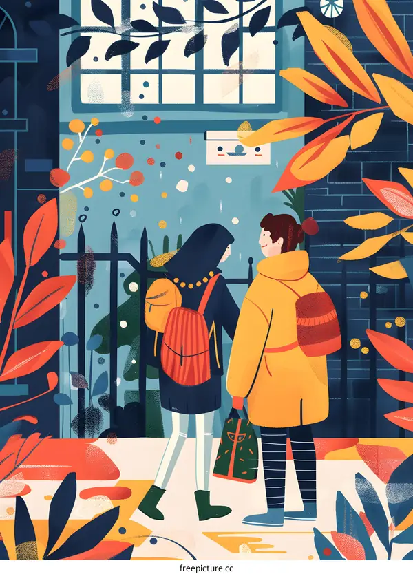 Two Friends with Backpacks Standing by a Door