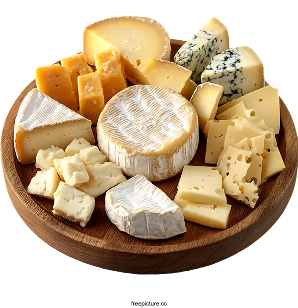 [Transparent Background PNG]Assortment of various types of cheeses on a wooden board