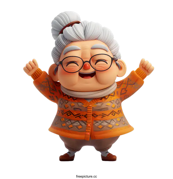 [Transparent Background PNG]Cartoon of an elderly woman with white hair and glasses