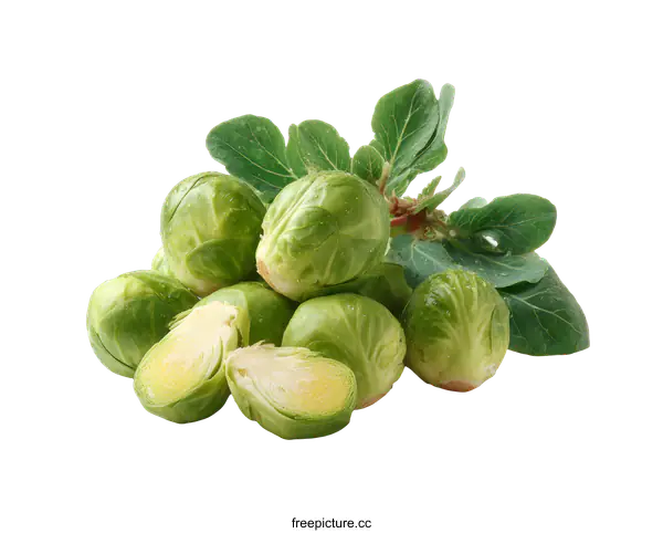 [Transparent Background PNG]Fresh Brussel Sprouts with Leaves Close-up