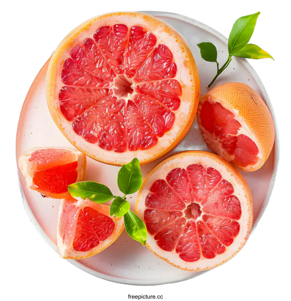 [Transparent Background PNG]Freshly Cut Red Grapefruit on a Plate with Green Leaves