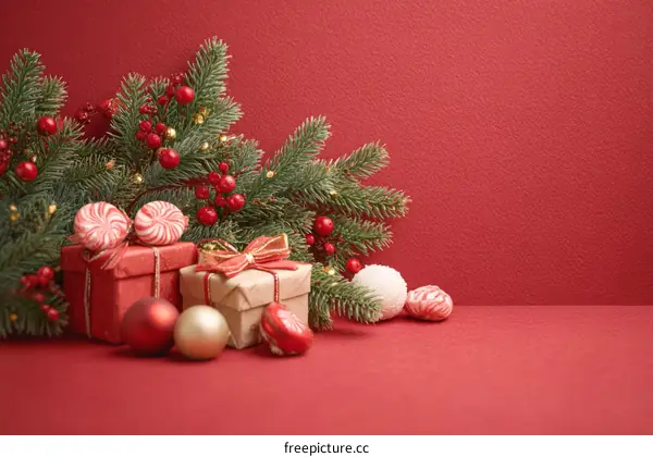 Christmas Decorations on Red Background