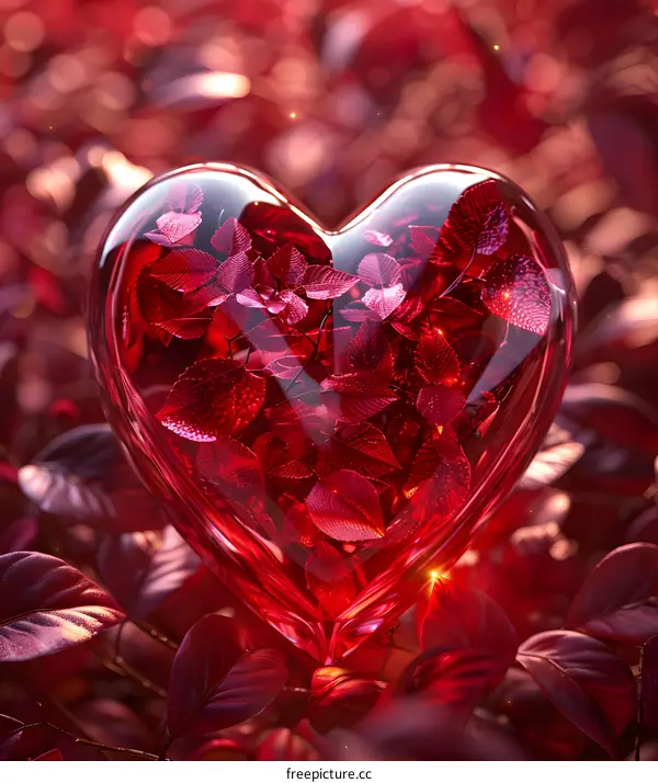 A crystal heart with red flowers inside