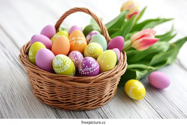 Colorful Easter Eggs in a Wicker Basket with Tulips