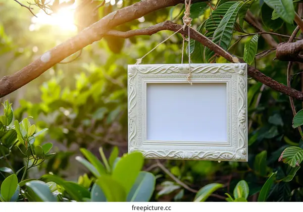Ornate Vintage Picture Frame on a Tree Limb in a Lush Forest with Sunlight Filtering Through the Leaves