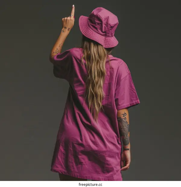 woman in purple oversized t-shirt and bucket hat pointing up