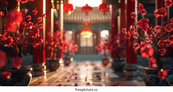 Chinese courtyard with red lanterns and pink cherry blossoms