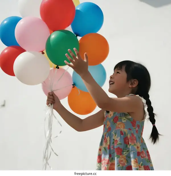 A little girl holding colorful balloons and looking up