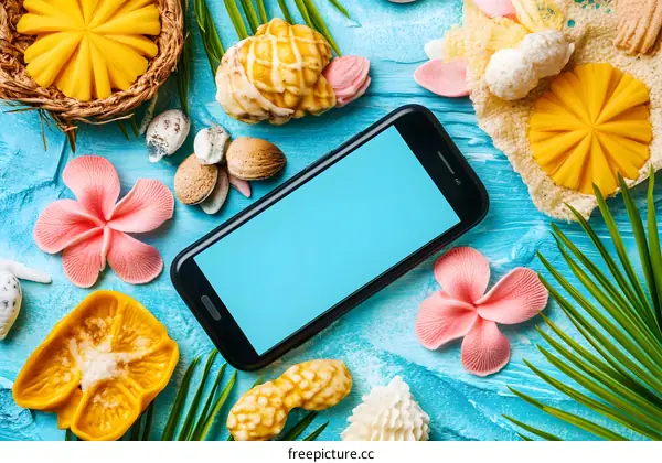 Tropical Summer Background with Palm Leaves and Flowers