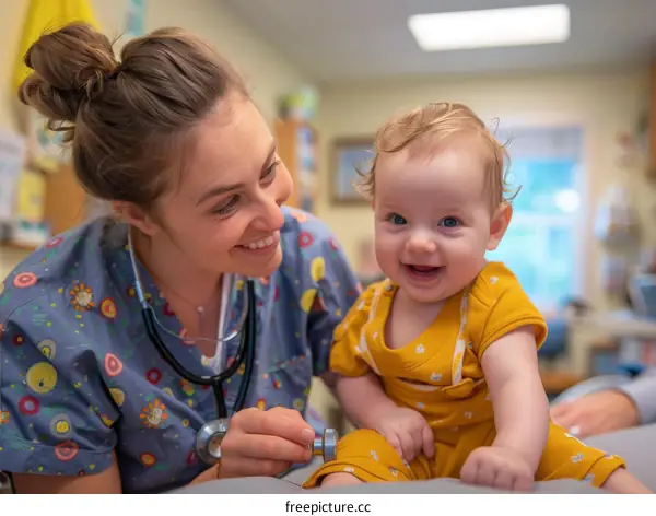 Pediatrician examining a smiling baby