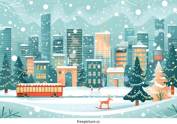 Snowy Cityscape With Christmas Decorations